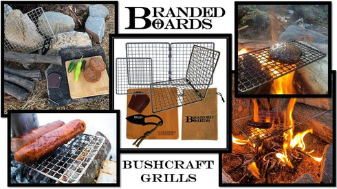 Portable Bushcraft Stainless BBQ Cooking Grill Grate, Bamboo Cutting Board, Burlap Bag, Mini Knife, Fire Starter Kits. Camping, Campfires, Backpac...